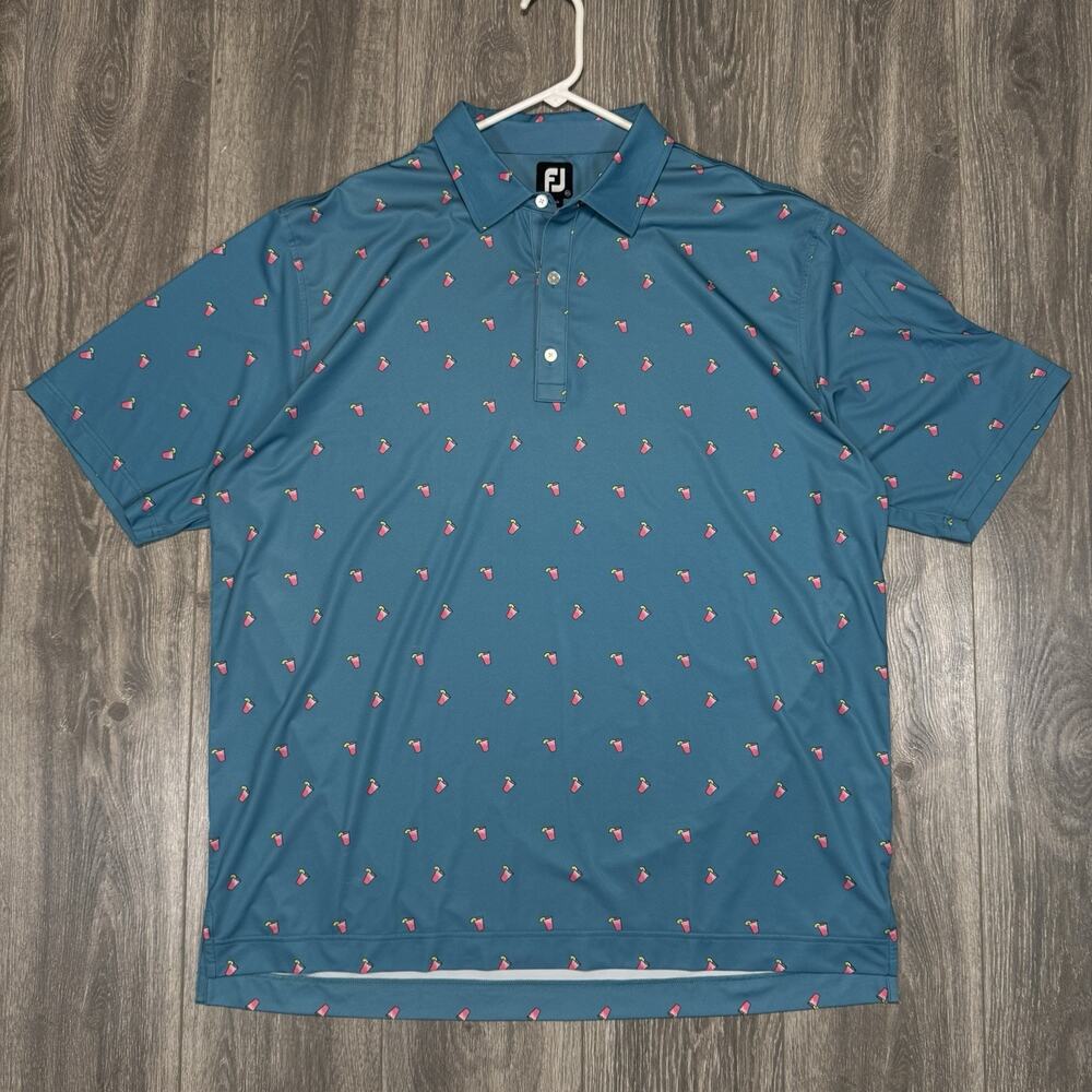 Footjoy Golf Polo Mens 2XL Cocktail Print Drink AOP Blue Lisle Performance Shirt